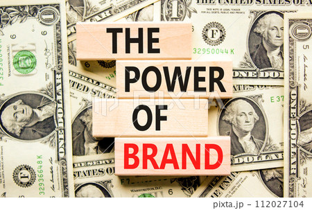 The power of brand symbol. Concept words The power of brand on beautiful wooden block. Beautiful dollar bills background. Dollar bills. Business the power of brand concept. Copy space. 112027104