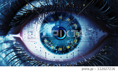 Close-up of the human eye with a circuit board. 3d rendering, Concept of future technology. Blue staring cyber eye, Cyberpunk style self-aware robot eye. - Ai Generated Close-up of the human eye with a circuit board. 3d rendering, Concept of future technology. Blue staring cyber eye, Cyberpunk style self-aware robot eye. - Ai Generated 112027216
