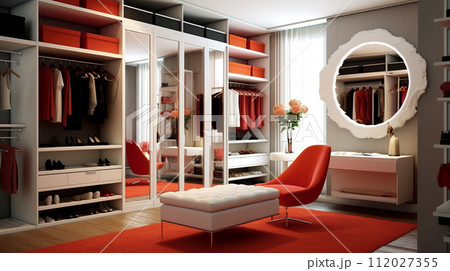 Luxury dressing room with white furniture in beige pastel colors and led backlight. Luxury and fashionable interior of modern female dressing room. Dressing room with mirror and pouf. AI generated 112027355