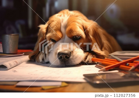 AI-generated content. Cocker Spaniel Dog Lying on Desk with Scattered Office Supplies and Resting Head on Paws 112027356