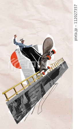 Skateboarder in casual clothes performing trick over urban background with abstract elements. Contemporary art collage. 112027357