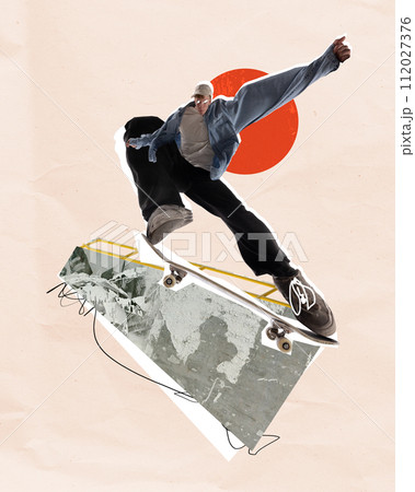 Creative image of young guy in street style clothes, skateboard in motion training against abstract background. Contemporary art collage. Creative image of young guy in street style clothes, skateboard in motion training against abstract background. Contemporary art collage. 112027376