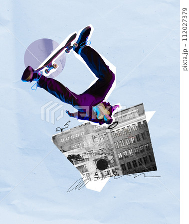 Creative image of young guy in street style clothes, skateboard in motion training against monochrome building. Contemporary art collage. Creative image of young guy in street style clothes, skateboard in motion training against monochrome building. Contemporary art collage. 112027379