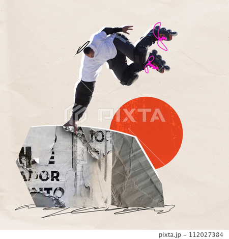 Inline skater, man making stunts against abstract urban street background. Contemporary art collage. 112027384