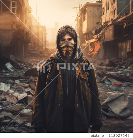 Man in a mask stands in the city totally destroyed after the war and looks to the camera.  Human stands against the backdrop of a bombed-out smoking city while sunset. Last survivor. AI generated 112027545