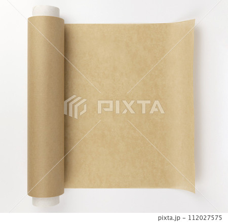 An unrolled roll of parchment paper. Parchment paper for baking. The concept of burning during baking. 112027575