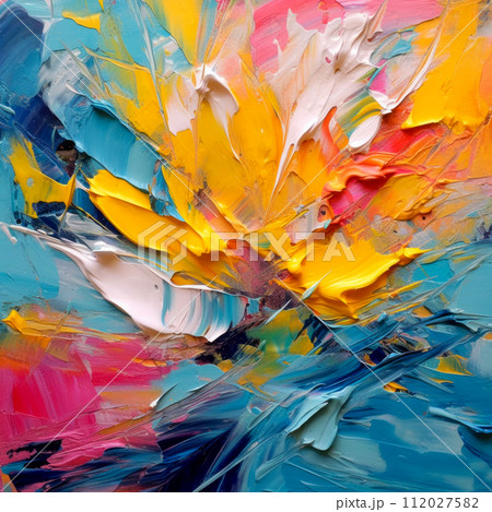 Abstract background of acrylic paint splashes. Abstract painting from multicolored oil paint: orange, blue, red, and yellow. Oil paint colorful  splashes on a textured dark background. AI generated. 112027582
