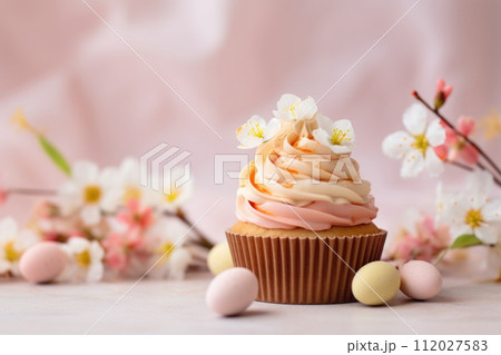 AI-generated content. Easter cupcakes decorated blossom spring flowers and eggs on pastel pink background. Greeting card. Close up. Easter celebrations. 112027583