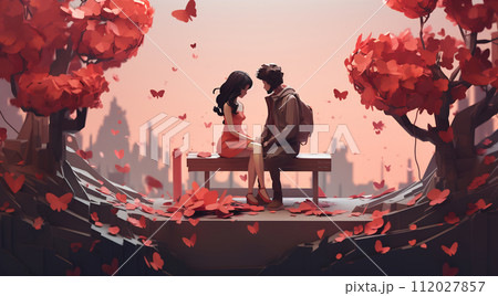 Autumnal Love: Couple on a Park Bench 112027857