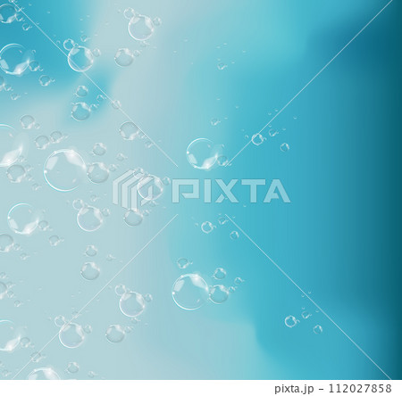 Bubbles in water on blue background horizontal vector. Circle and liquid, light design, clear soapy shiny, vector illustration 112027858