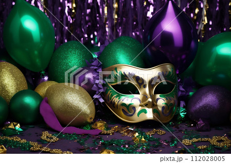 Mardi Gras mask, balloons and sparkles Mardi Gras mask, balloons and sparkles 112028005