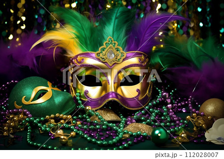 Mardi Gras mask, balloons and sparkles 112028007