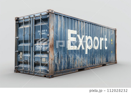 Rusty blue shipping container with Export text, high detail, isolated on white 112028232