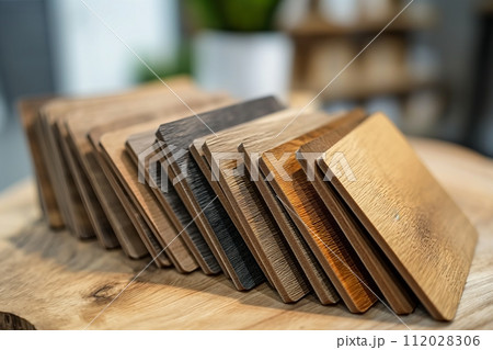 Assorted wood laminate samples displayed, showcasing various colors, grains, and patterns 112028306