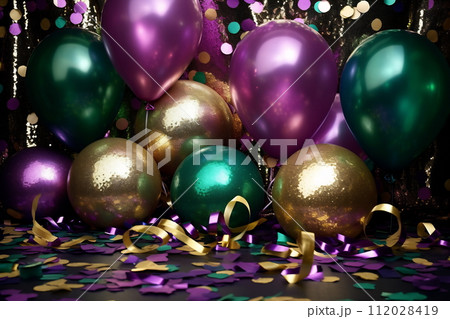 Mardi Gras balloons and sparkles Mardi Gras balloons and sparkles 112028419