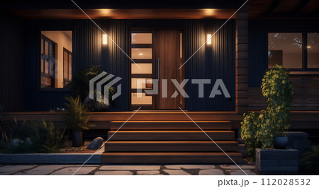 Contemporary House Entryway at Dusk 112028532
