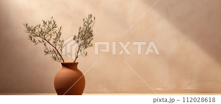 Zen Simplicity: Terracotta Vase and Bamboo Sprig 112028618