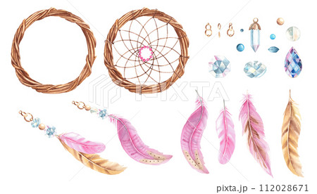 Watercolor hand drawn dream catcher set with pink and beige feathers, crystals, glass beads and golden rings. Design elements isolated on white background. Watercolor hand drawn dream catcher set with pink and beige feathers, crystals, glass beads and golden rings. Design elements isolated on white background. 112028671