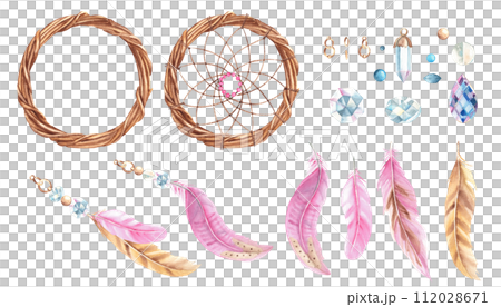 Watercolor hand drawn dream catcher set with pink and beige feathers, crystals, glass beads and golden rings. Design elements isolated on white background. Watercolor hand drawn dream catcher set with pink and beige feathers, crystals, glass beads and golden rings. Design elements isolated on white background. 112028671