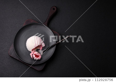 Delicious sweet colorful mochi desserts or ice cream with rice dough and toppings Delicious sweet colorful mochi desserts or ice cream with rice dough and toppings 112028756