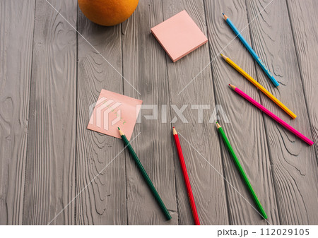 artist multicolored pencils sketch paper card inscription summer. 112029105