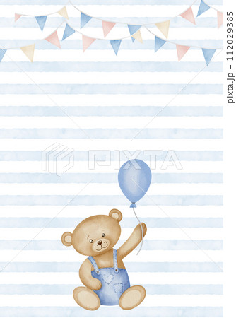 Template with Teddy Bear and garlands for Baby shower greeting cards or newborn party invitations. Watercolor illustration with childish Toy in blue pastel colors for girl or boy birthday. Template with Teddy Bear and garlands for Baby shower greeting cards or newborn party invitations. Watercolor illustration with childish Toy in blue pastel colors for girl or boy birthday. 112029385