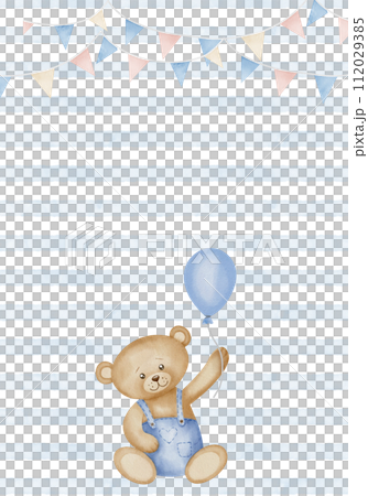 Template with Teddy Bear and garlands for Baby shower greeting cards or newborn party invitations. Watercolor illustration with childish Toy in blue pastel colors for girl or boy birthday. Template with Teddy Bear and garlands for Baby shower greeting cards or newborn party invitations. Watercolor illustration with childish Toy in blue pastel colors for girl or boy birthday. 112029385