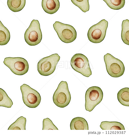 Avocado seamless Pattern. Watercolor background of green food. Hand drawn isolated illustration. Botanical painting of Fruit or Vegetable. Drawing of ornament for fabrics and kitchen textiles. Avocado seamless Pattern. Watercolor background of green food. Hand drawn isolated illustration. Botanical painting of Fruit or Vegetable. Drawing of ornament for fabrics and kitchen textiles. 112029387