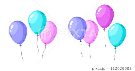 Glossy floating balloons. Colorful helium balloons, bright air balloons festive decorations flat vector illustration. Happy birthday celebration decor 112029602