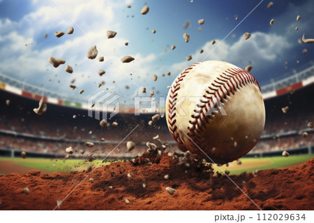 AI-generated content. Baseball in motion over home plate with dirt particles. 112029634