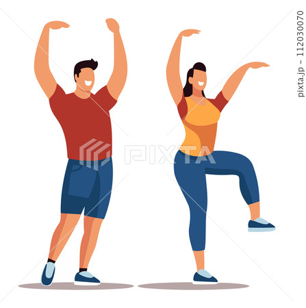 Man woman doing stretching exercises. Male female workout together. Fitness couple exercising vector illustration Man woman doing stretching exercises. Male female workout together. Fitness couple exercising vector illustration 112030070