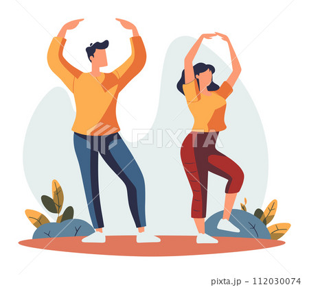 Young man woman exercising together outdoors, both casual workout clothes, stretching their arms above heads. Fitness couple enjoys healthy lifestyle. Exercise wellbeing vector illustration Young man woman exercising together outdoors, both casual workout clothes, stretching their arms above heads. Fitness couple enjoys healthy lifestyle. Exercise wellbeing vector illustration 112030074
