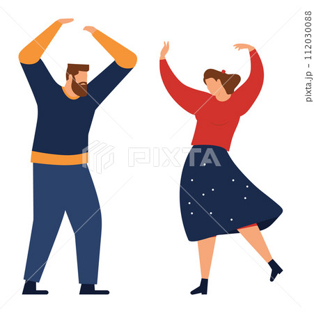 Bearded man and woman dancing together, both in casual attire, having fun. Joyful couple performance dance moves, cheerful mood vector illustration. Bearded man and woman dancing together, both in casual attire, having fun. Joyful couple performance dance moves, cheerful mood vector illustration. 112030088
