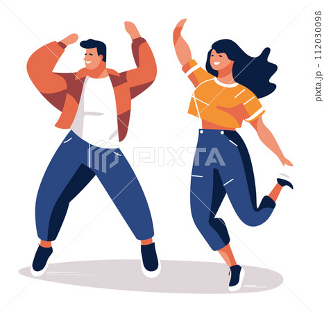Man and woman dancing joyfully, happy couple celebrating success. Young adults expressing excitement and happiness vector illustration. Man and woman dancing joyfully, happy couple celebrating success. Young adults expressing excitement and happiness vector illustration. 112030098
