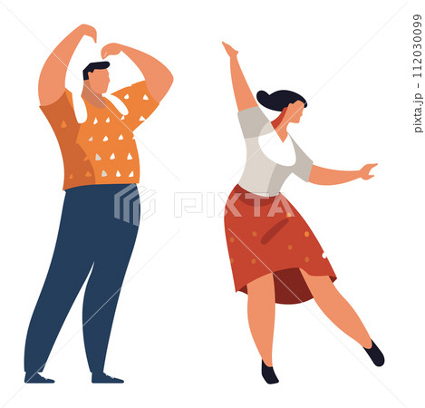 Man and woman dancing joyfully, male in casual attire, female in a skirt and blouse. People enjoying dance, showing happiness and movement vector illustration. Man and woman dancing joyfully, male in casual attire, female in a skirt and blouse. People enjoying dance, showing happiness and movement vector illustration. 112030099