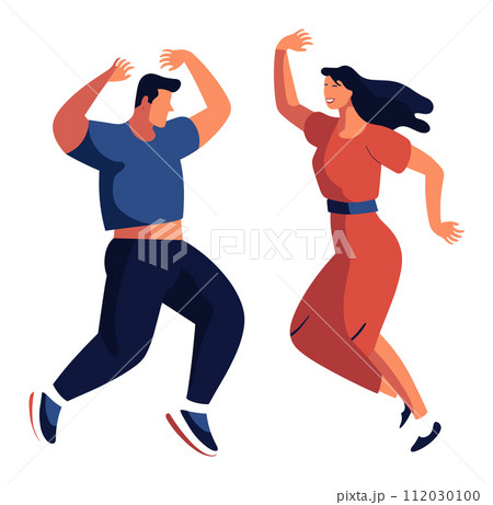 Happy couple dancing together with joy, man in blue, woman in orange, casual style. Celebrating moment, energetic dance, joyful mood vector illustration. Happy couple dancing together with joy, man in blue, woman in orange, casual style. Celebrating moment, energetic dance, joyful mood vector illustration. 112030100
