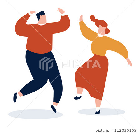 Man and woman dancing joyfully in casual clothes. Energetic dance moves, happy facial expressions, modern style vector illustration. Carefree dance and happiness concept vector illustration. 112030105