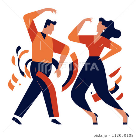 Stylish couple dancing energetically, man in orange shirt, woman in blue pants. Joyful dance moves, dynamic poses, retro vibes vector illustration. Stylish couple dancing energetically, man in orange shirt, woman in blue pants. Joyful dance moves, dynamic poses, retro vibes vector illustration. 112030108