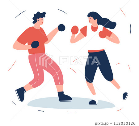 Woman and man boxing workout, wearing casual sportswear. Female and male exercising, dynamic stance, amateur boxing. Fitness and recreational sports vector illustration. Woman and man boxing workout, wearing casual sportswear. Female and male exercising, dynamic stance, amateur boxing. Fitness and recreational sports vector illustration. 112030126