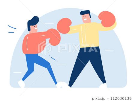 Two cartoon men boxing each other, dynamic fight, intense competition. Sportsperson training, friendly sparring match vector illustration. Two cartoon men boxing each other, dynamic fight, intense competition. Sportsperson training, friendly sparring match vector illustration. 112030139