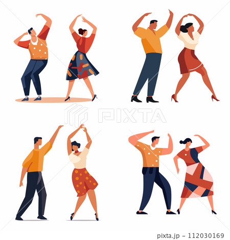 Four dancers enjoying retro party, two men two women dancing 50s style. Joyful couples swing dancing. Retro dance event vector illustration 112030169