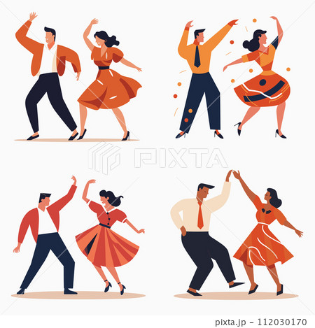 Couples dancing salsa stylish outfits. Joyful dancers performing Latin American dance moves. Rhythmic dance cultural tradition vector illustration 112030170