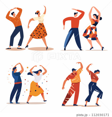 Men women dancing various poses. Retro style dancers, 50s swing dance, joyful dance moves. Entertainment dance lessons vector illustration Men women dancing various poses. Retro style dancers, 50s swing dance, joyful dance moves. Entertainment dance lessons vector illustration 112030171