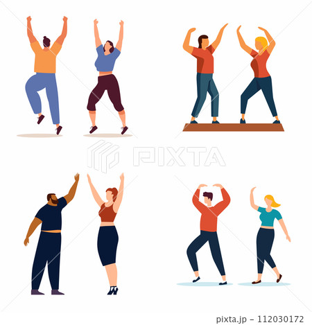 Diverse group celebrates success, jumping, highfiving. Joyful teamwork, excitement achievement Vector illustration 112030172