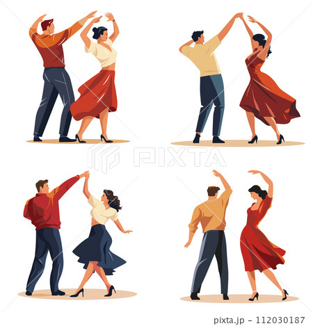 Couples dancing salsa vibrant clothes. Dance partners performing Latin American dance moves. Salsa dancers enjoying rhythm movement vector illustration 112030187