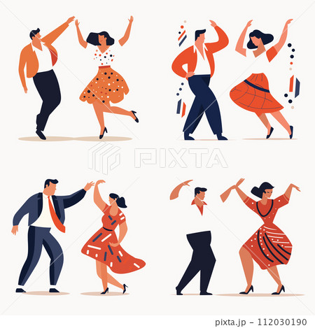 Couples retro outfits dancing swing rock n roll. Energetic dance moves, joy, entertainment. Vintage dance event, oldfashioned dress vector illustration Couples retro outfits dancing swing rock n roll. Energetic dance moves, joy, entertainment. Vintage dance event, oldfashioned dress vector illustration 112030190