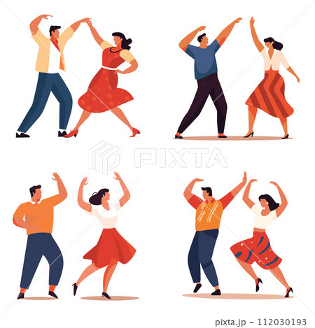 Couples dancing salsa, men women casual outfits enjoying dance. Latin American dance partners practicing salsa moves. Dance class, social dancing, salsa night vector illustration Couples dancing salsa, men women casual outfits enjoying dance. Latin American dance partners practicing salsa moves. Dance class, social dancing, salsa night vector illustration 112030193