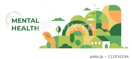Mental Health Awareness Month. Raising awareness of mental health campaign. Geometric modern style Mental Health Awareness Month. Raising awareness of mental health campaign. Geometric modern style 112030194