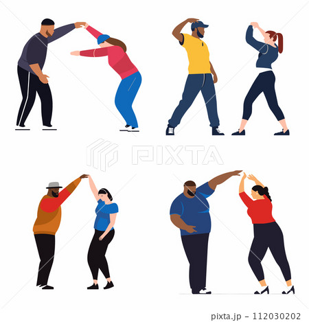 Diverse people dancing partner moves, enjoying dance class. Adults participating dance lesson. Social dancing adult activity vector illustration Diverse people dancing partner moves, enjoying dance class. Adults participating dance lesson. Social dancing adult activity vector illustration 112030202