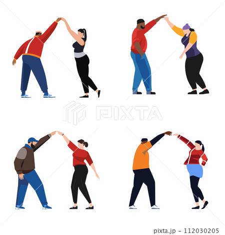 Four diverse pairs practice partner yoga. Fitness couples stretching balance exercise. Wellness healthy routine vector illustration Four diverse pairs practice partner yoga. Fitness couples stretching balance exercise. Wellness healthy routine vector illustration 112030205